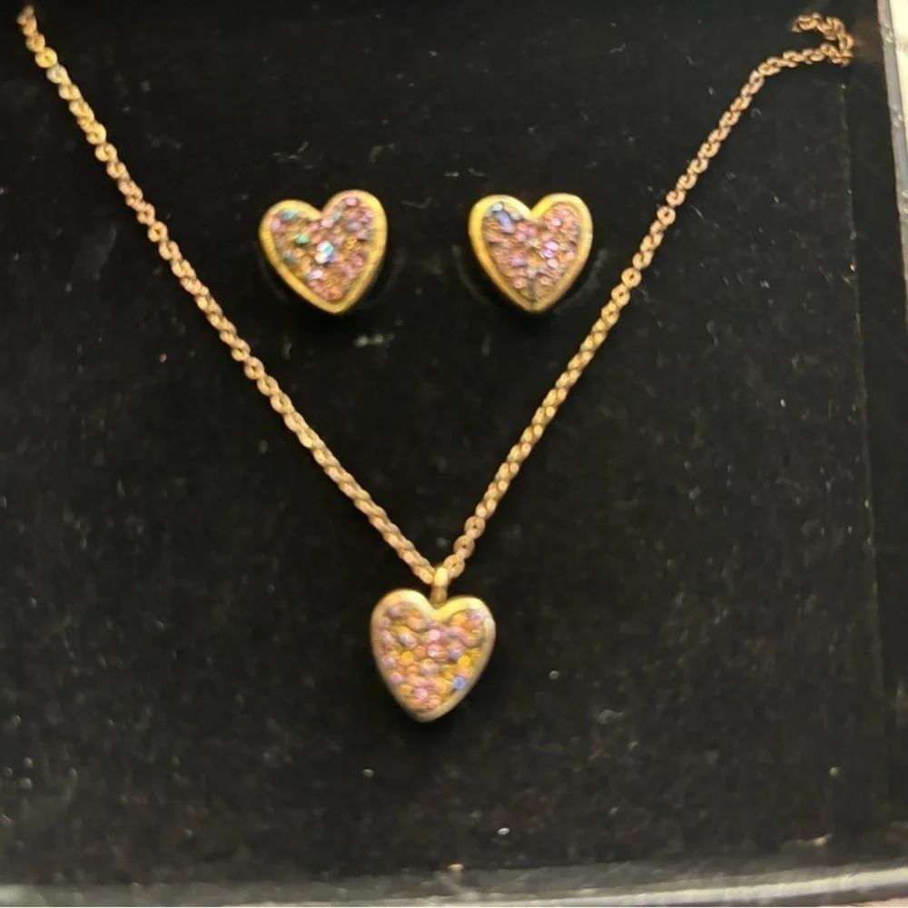Massi Gift Boxed Druzy Crystal Heart Earring‎ Necklace Set Pink Gold Plated